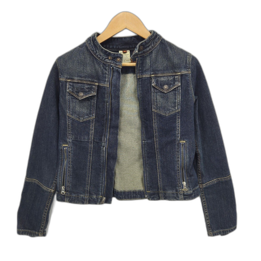 7 For All Mankind Womens Y2K Denim Moto Jacket Full Zip Vintage Dark Wash Small